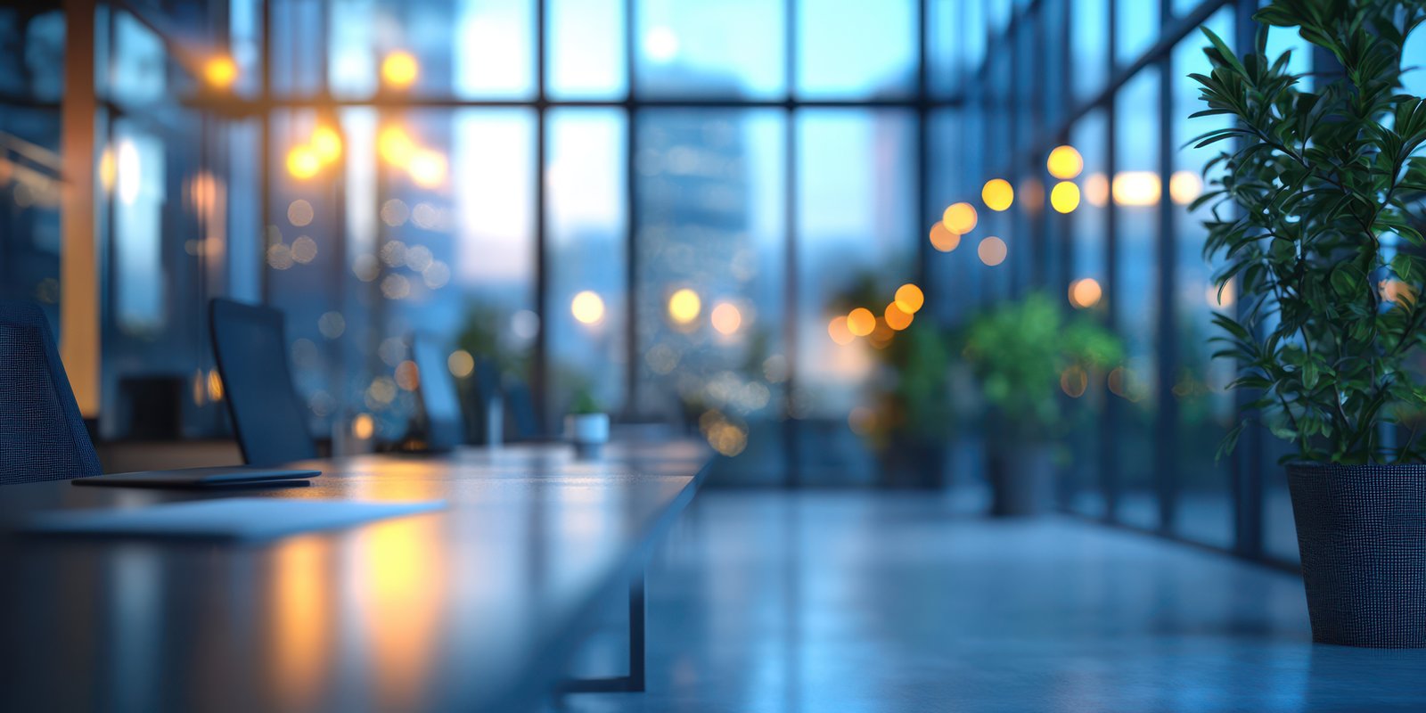 Modern office interior with glass walls and evening city view showcasing a tranquil work environment